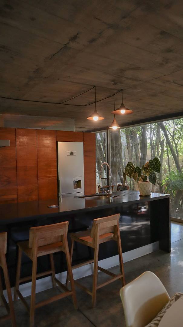Barra de la cocina negra con bancos de madera y techo de concreto